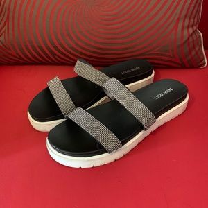 Nine West Black and Silver Rhinestone Slide Sandals